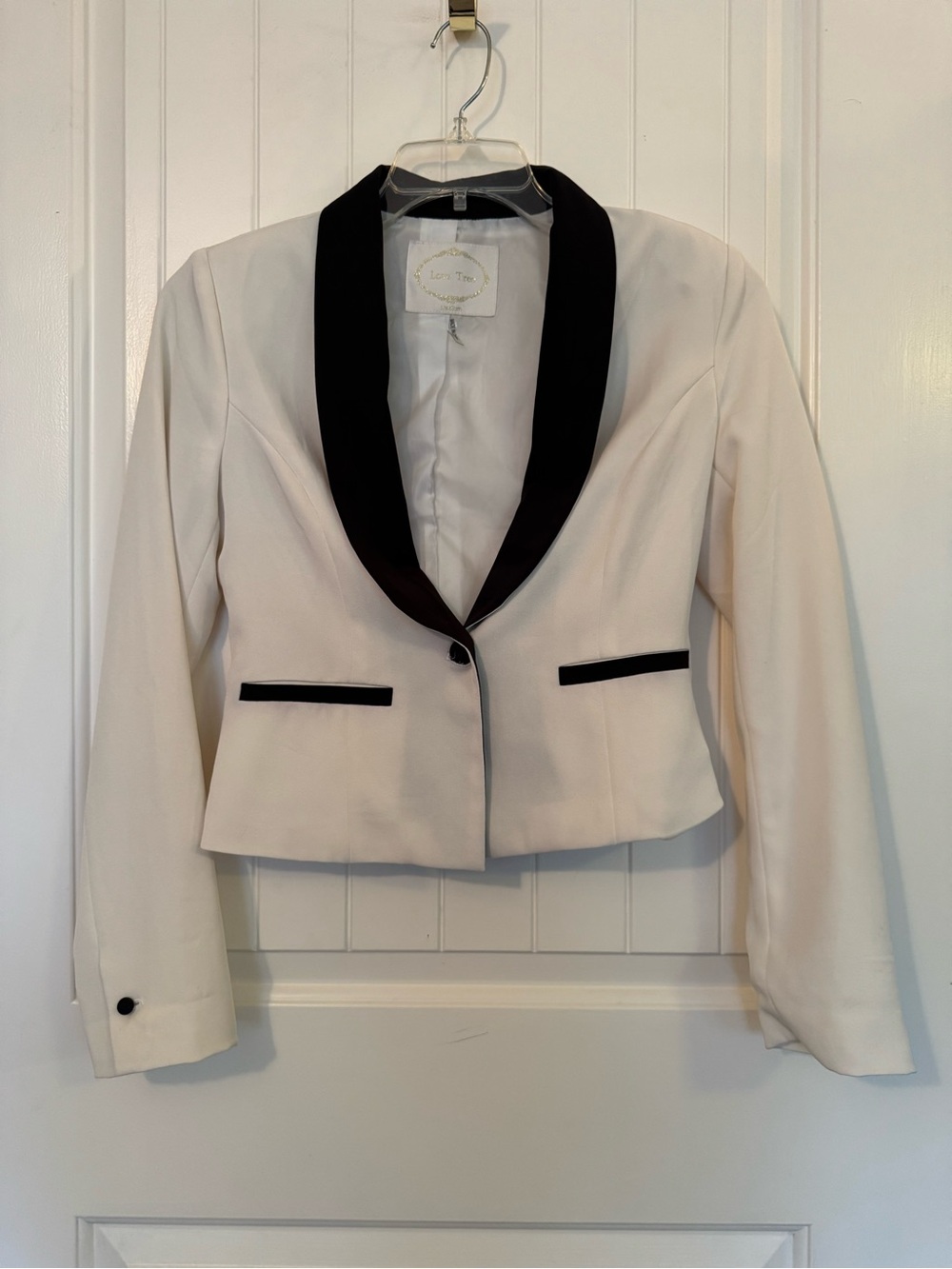 Love Tree Cream Cropped Blazer with Black Shawl Collar